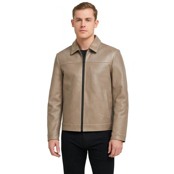 DKNY Men's Crocodile Imprint Classic Jacket Tan Size L Leather - Picture 1 of 6